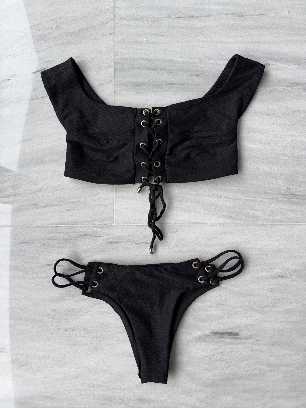 Planet Blue Black Lace-Up Off-Shoulder Bikini